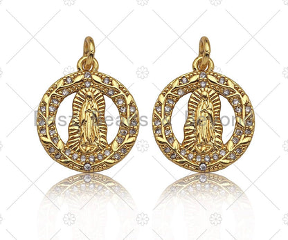Gold Filled CZ Micro Pave Virgin Mary On Garland Shape Pendant, 18K Gold Virgin Mary Charm, Necklace Bracelet Pendant, 15x18mm, Sku#Y438