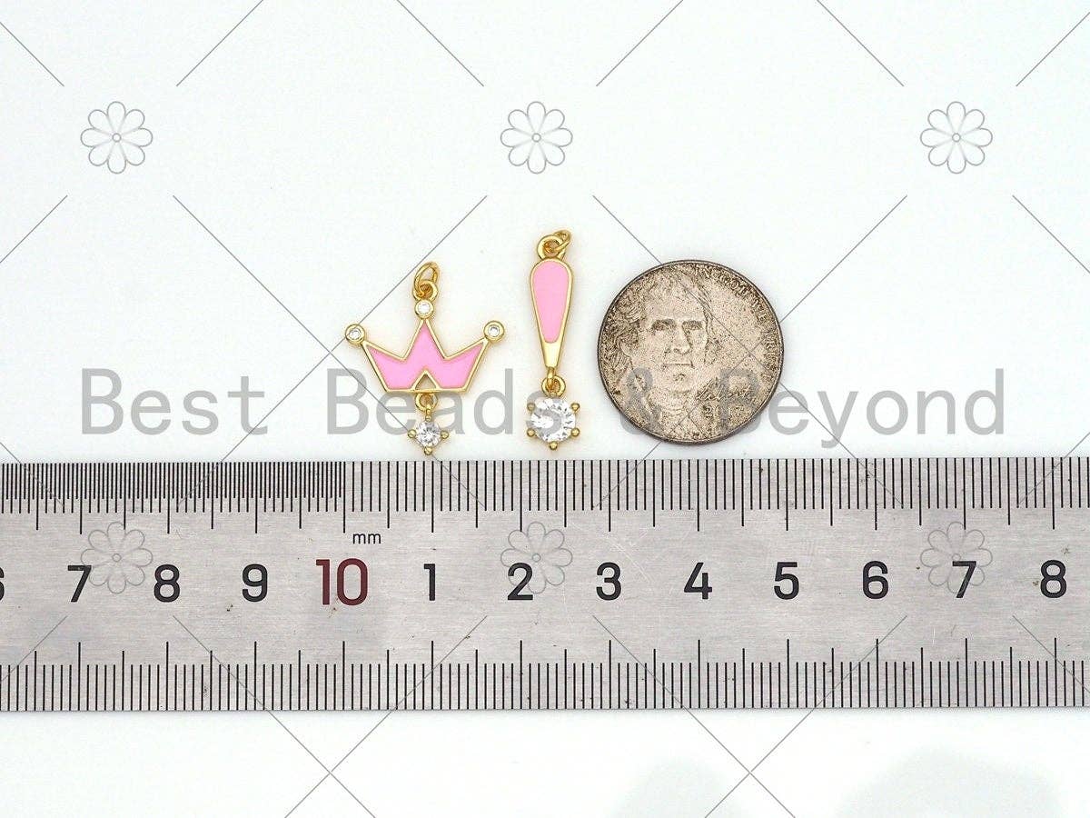 Pink Enamel Crown/Exclamation Mark with Big CZ Pendant, 18K Gold Filled CZ Charm, Necklace Bracelet Charm Pendant,21x18mm/26x6mm, Sku#Y512