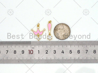 Pink Enamel Crown/Exclamation Mark with Big CZ Pendant, 18K Gold Filled CZ Charm, Necklace Bracelet Charm Pendant,21x18mm/26x6mm, Sku#Y512