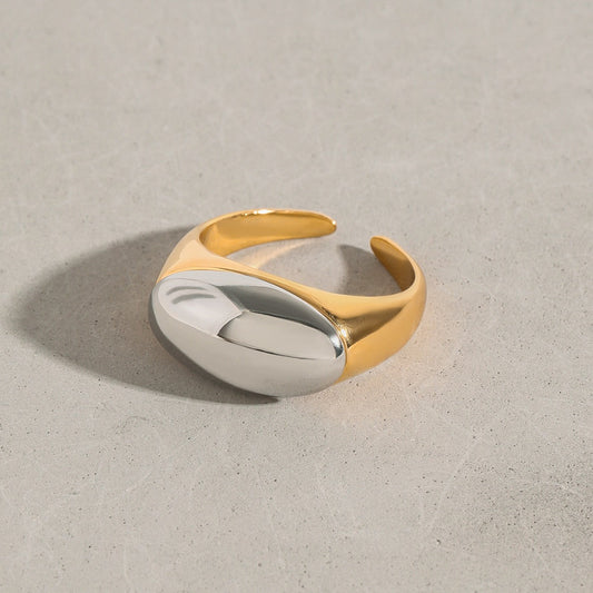 18K Gold Oval Ring With Gold And Silver Color Matching Design, Simple And Personalized Ring