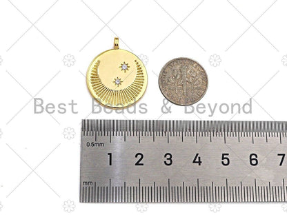 CZ Micro Pave Cresent Moon North Star On Round Coin Pendant/Charm,Cubic Zirconia Charm, Necklace Bracelet Charm Pendant,22x26mm, Sku#Y360