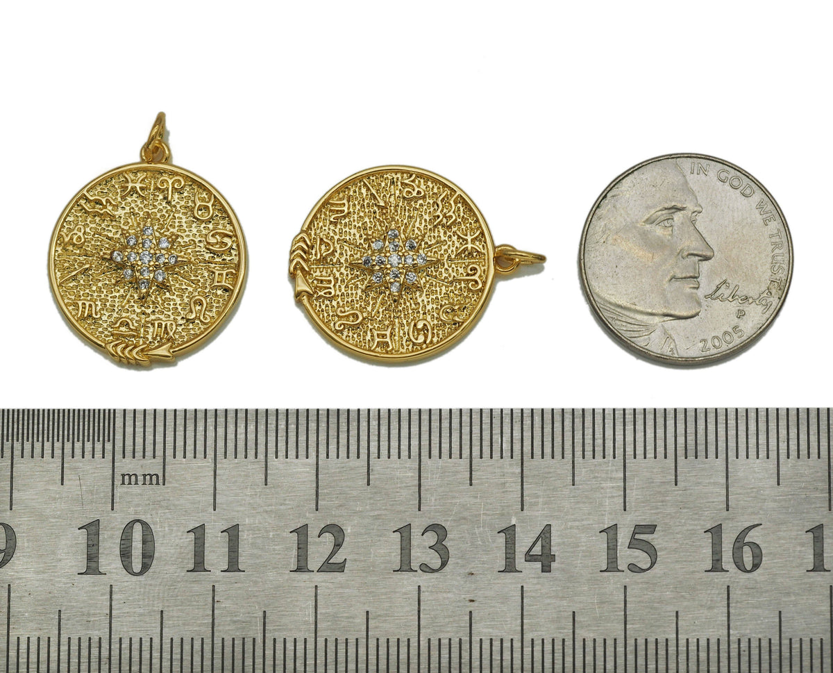CZ North Star On Round Coin Charm, Sku#Y684
