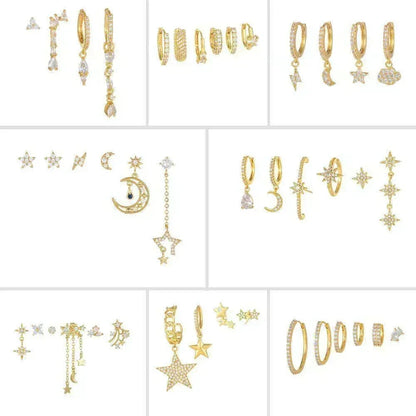Stacking 5 Pieces Starry Pearl Elegance Earring Set, 18k Gold Stud Drop Hoop, S925 Needle, Stacked Lobe Designs with Dazzling Zirconia