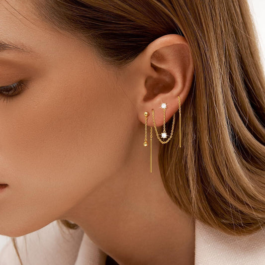 18K Gold And Zircon Tassel Earring Set (3-piece)