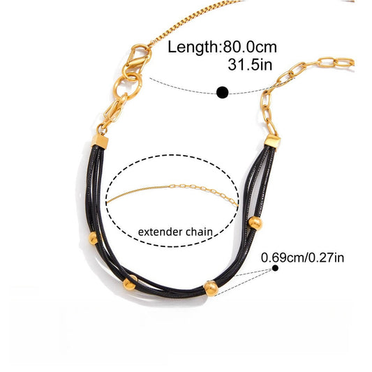 18K Gold And Black Wax Cord Necklace For Women, Suitable For Autumn And Winter Sweaters