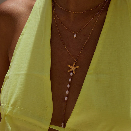 18K Gold Multi-layer Chain With Starfish And Pearl Tassel Design Exquisite And Noble Necklace