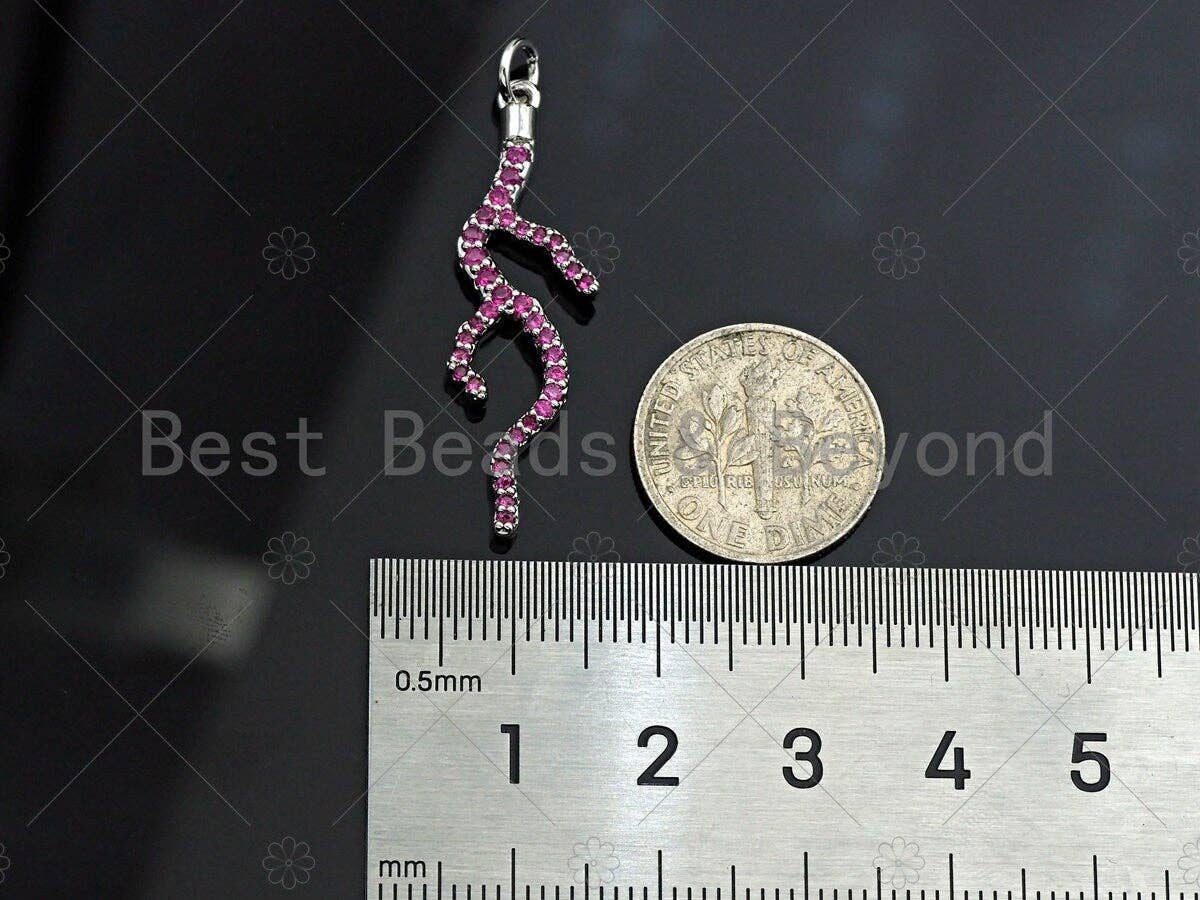 Fuchsia CZ Micro Pave Coral Branch Pendant/Charm, Antler Tree Branch Cubic Zirconia Pendant, Silver/Gold/Rose Gold Tone, 10x34mm, Sku#Y286