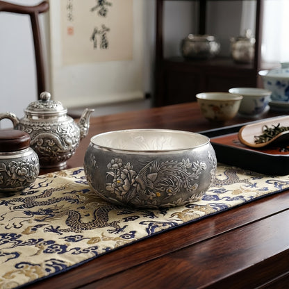 Pure 999 Fine Silver Hand-Engraved Sterling Silver Bowl Featuring Traditional Phoenix and Peony Blossom Motifs - Handicraft