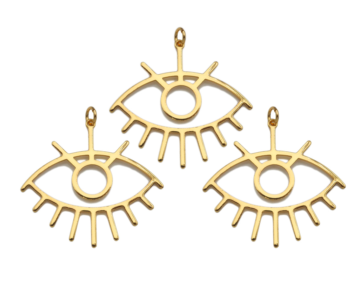 CZ Micro Pave Evil Eye with Eyelash Frame Pendant/Charm, Gold Evil Eye Cubic Zirconia Pendant Charm,36x33mm,sku#Y313