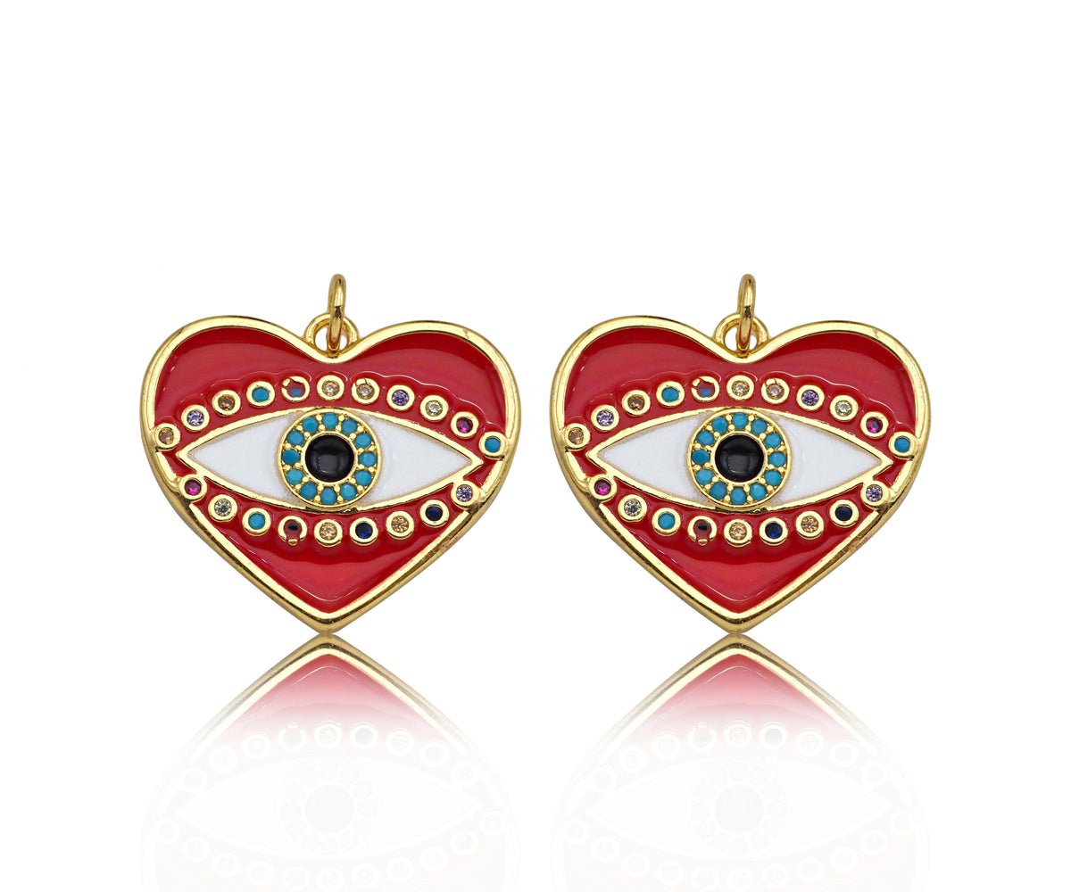 Gold Filled White Enamel Evil Eye On Red Enamel Heart Pendant,CZ Micro Pave 18K Gold Filled Enamel Charm, Enamel Jewelry, 24x21mm,Sku#Y457