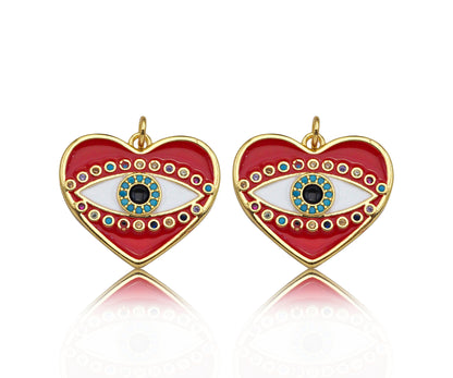 Gold Filled White Enamel Evil Eye On Red Enamel Heart Pendant,CZ Micro Pave 18K Gold Filled Enamel Charm, Enamel Jewelry, 24x21mm,Sku#Y457