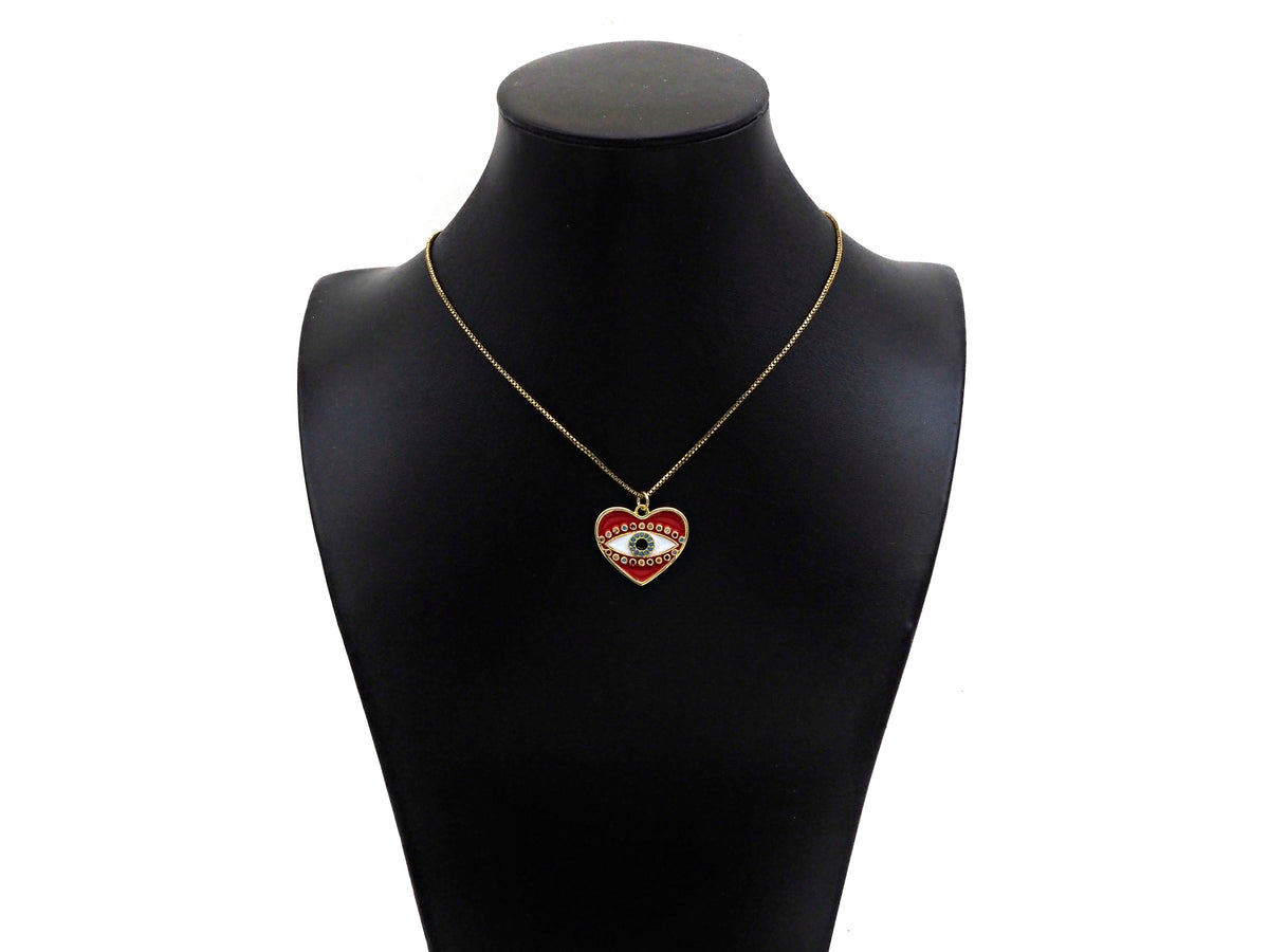 Gold Filled White Enamel Evil Eye On Red Enamel Heart Pendant,CZ Micro Pave 18K Gold Filled Enamel Charm, Enamel Jewelry, 24x21mm,Sku#Y457