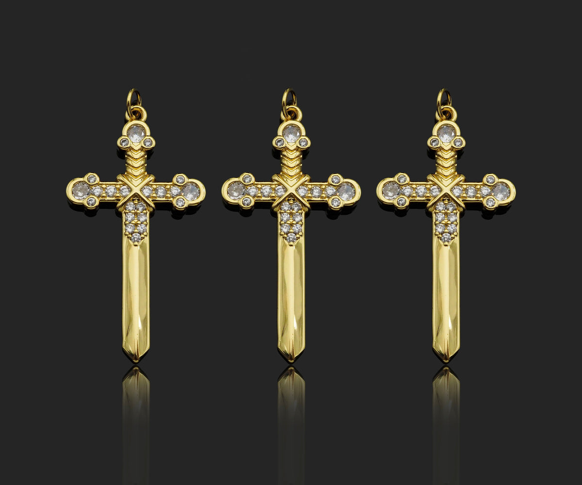 Gold Filled CZ Micro Pave Cross Sword Shape Pendant, 18K Gold Filled Cross Charm, Necklace Bracelet Charm Pendant, 40x21mm,Sku#Y459
