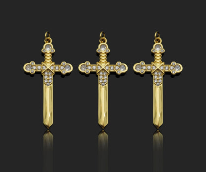 Gold Filled CZ Micro Pave Cross Sword Shape Pendant, 18K Gold Filled Cross Charm, Necklace Bracelet Charm Pendant, 40x21mm,Sku#Y459
