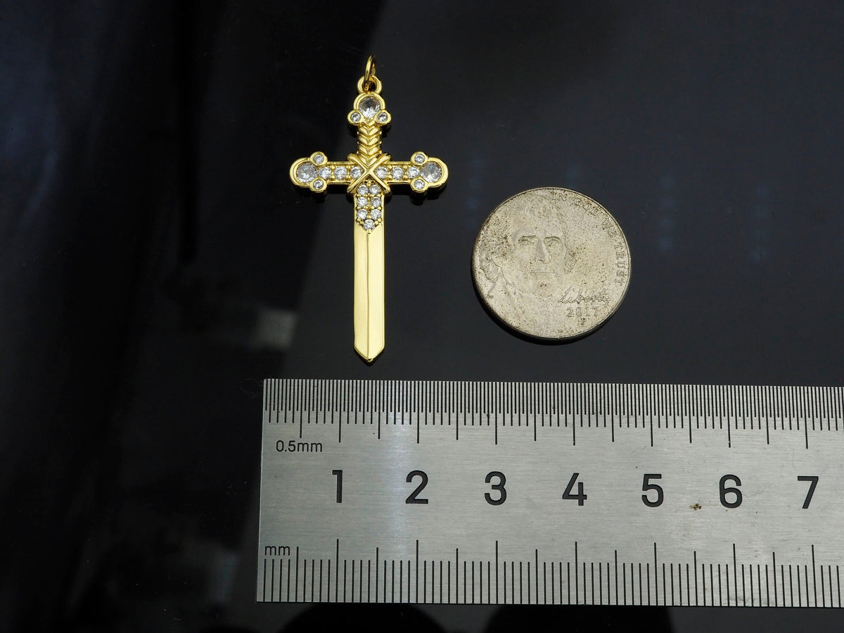 Gold Filled CZ Micro Pave Cross Sword Shape Pendant, 18K Gold Filled Cross Charm, Necklace Bracelet Charm Pendant, 40x21mm,Sku#Y459