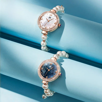 Women's Pearl Bracelet Watch Rose Gold Crystal Bezel