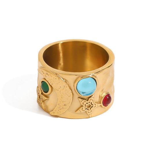 18K Gold Inlaid Gemstone With Star And Moon Texture Classic Retro Ring