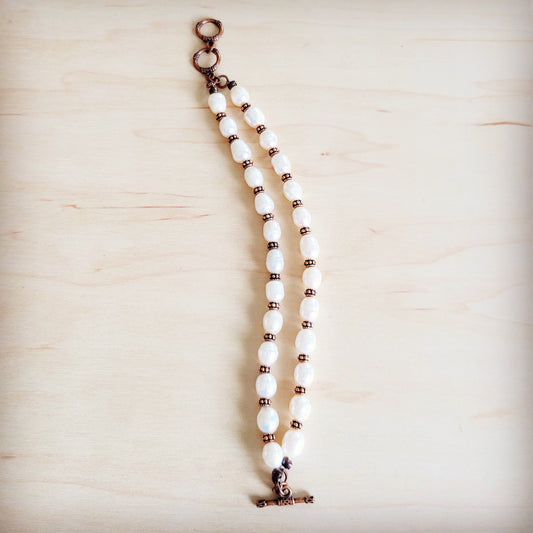 **Freshwater Pearl & Copper Boho Beaded Double Strand Bracelet 811y