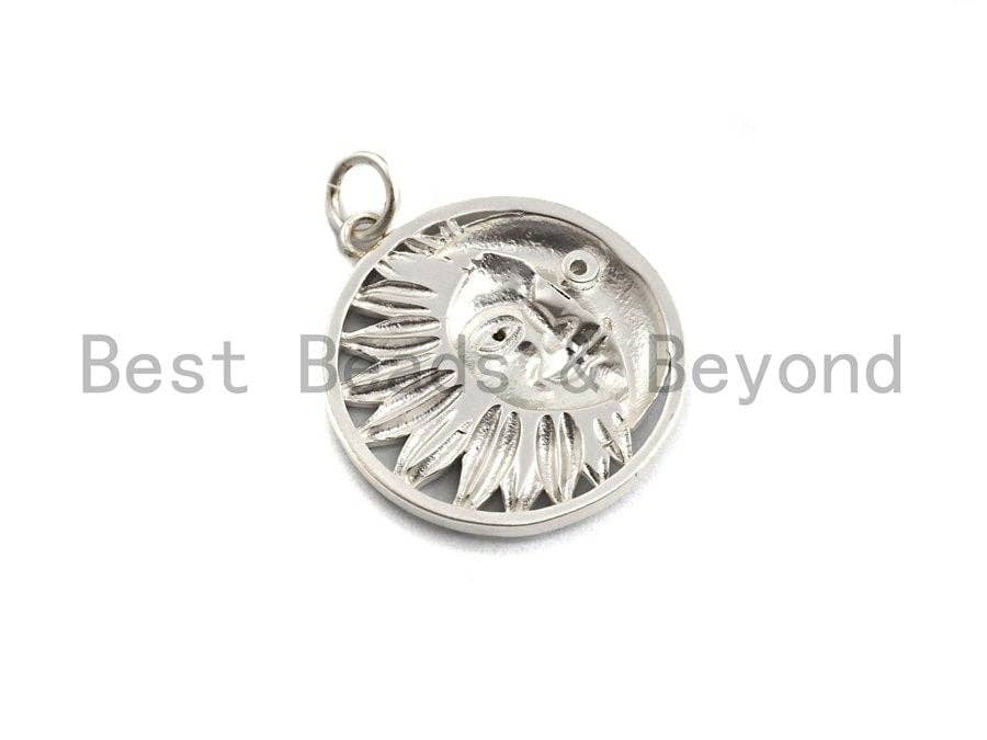 CZ Micro Pave Round With Moon And Sun Pendant/Charm, Indian Pattern Cubic Zirconia Pendant, Silver/Gold Tone,20x22mm,Sku#Y206