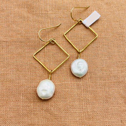 14k gold filled DIAMOND DANGLE COIN PEARL DIAMOND EARRINGS