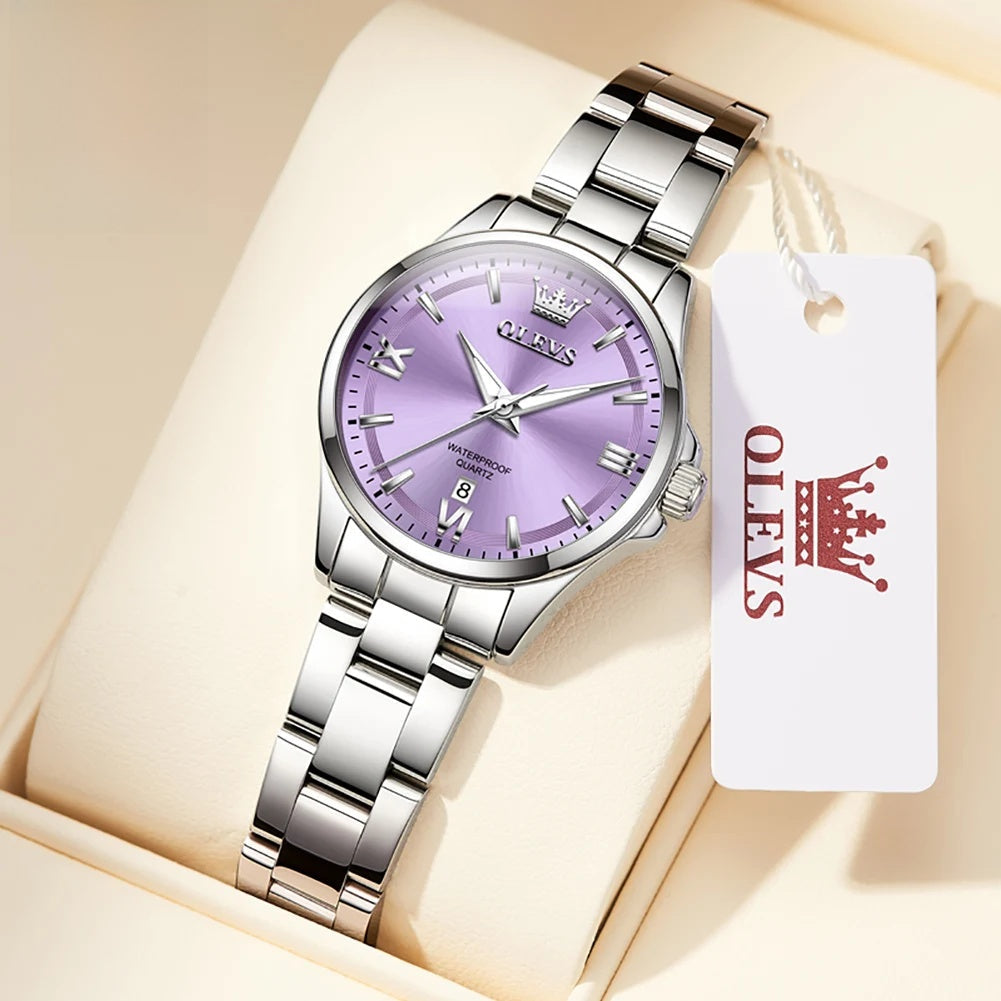 Women's Stainless Steel Watch Purple Dial Luminous Date