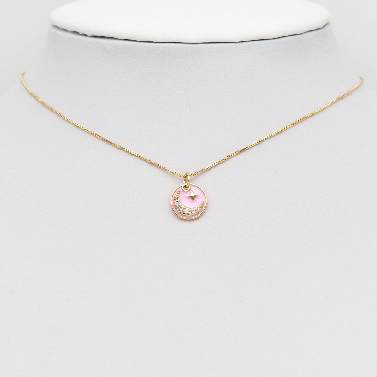 Pink Enamel CZ Cresent Moon Coin Charm, Sku#Y893