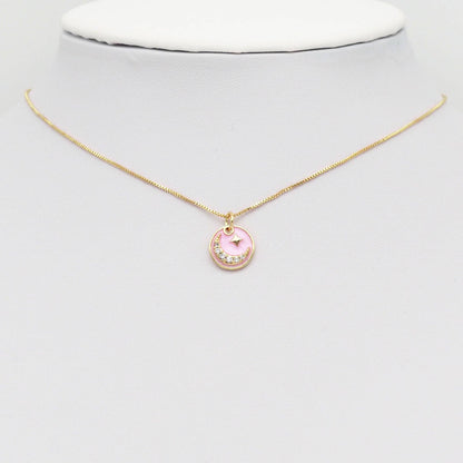 Pink Enamel CZ Cresent Moon Coin Charm, Sku#Y893