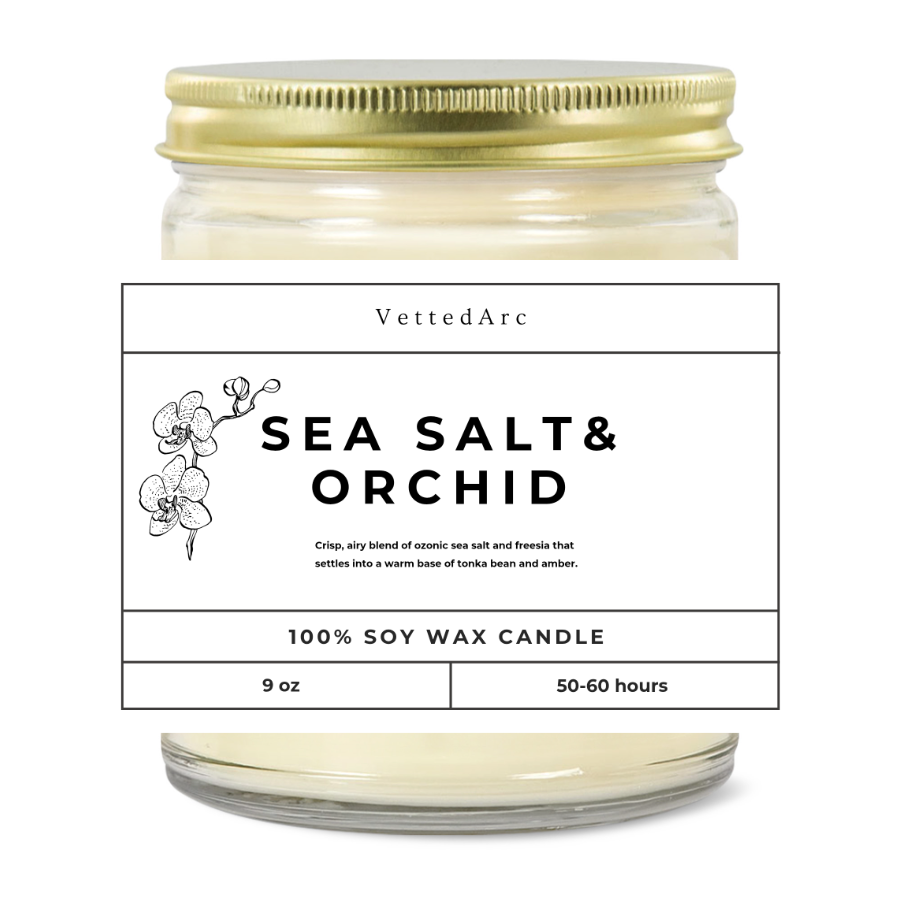 9oz Clear Jar Candle | 3"x2" White Label | Gold Lid VettedArc