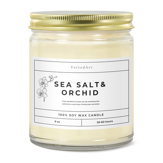 9oz Clear Jar Candle | 3"x2" White Label | Gold Lid VettedArc