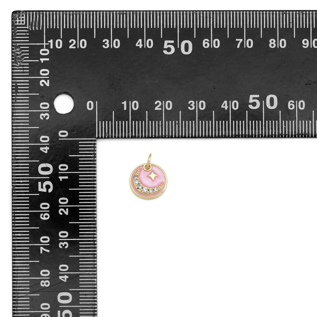 Pink Enamel CZ Cresent Moon Coin Charm, Sku#Y893