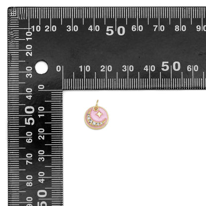 Pink Enamel CZ Cresent Moon Coin Charm, Sku#Y893