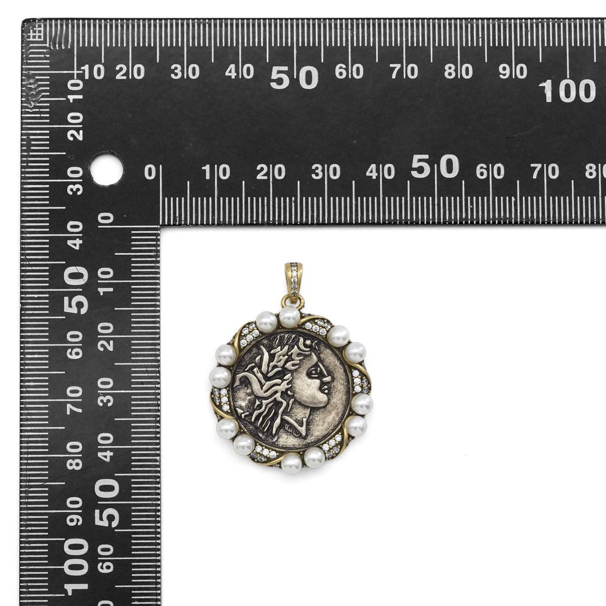 Double-Sided Antique Ancient Greek coin with White Pearl Charm, Sku#Y885