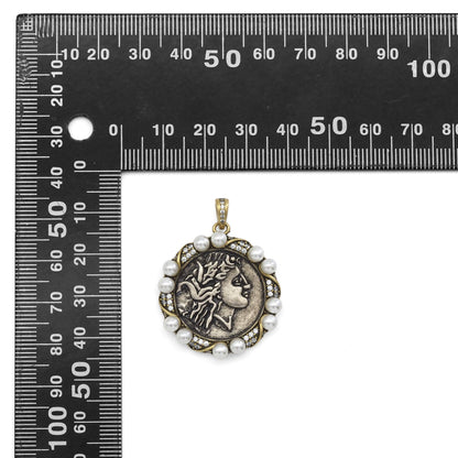 Double-Sided Antique Ancient Greek coin with White Pearl Charm, Sku#Y885