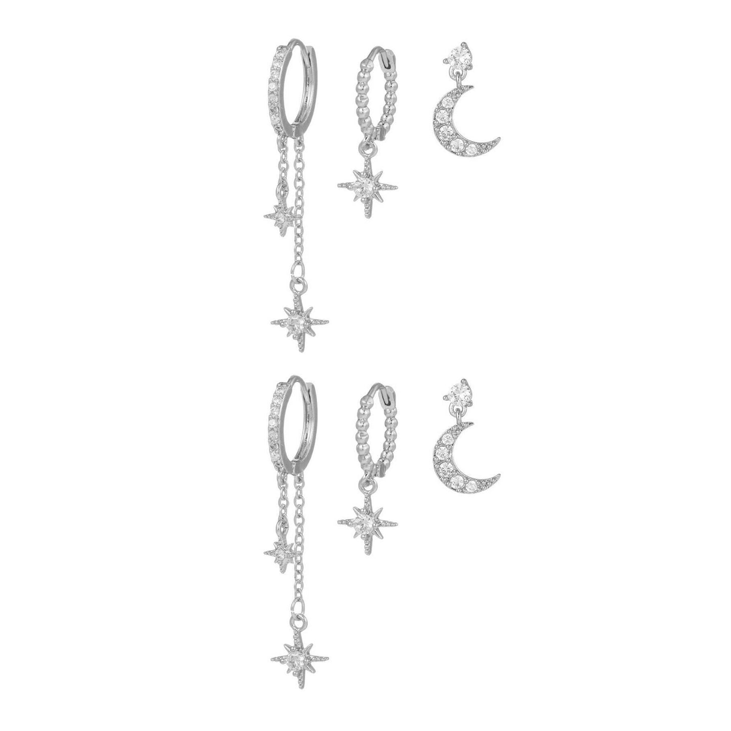 Stacking 3 Pieces Lunar Starlight Glow Earring Set, 18k Gold and White Gold Stud Drop Hoop, S925 Needle, Stacked Lobe Designs with Dazzling Zirconia