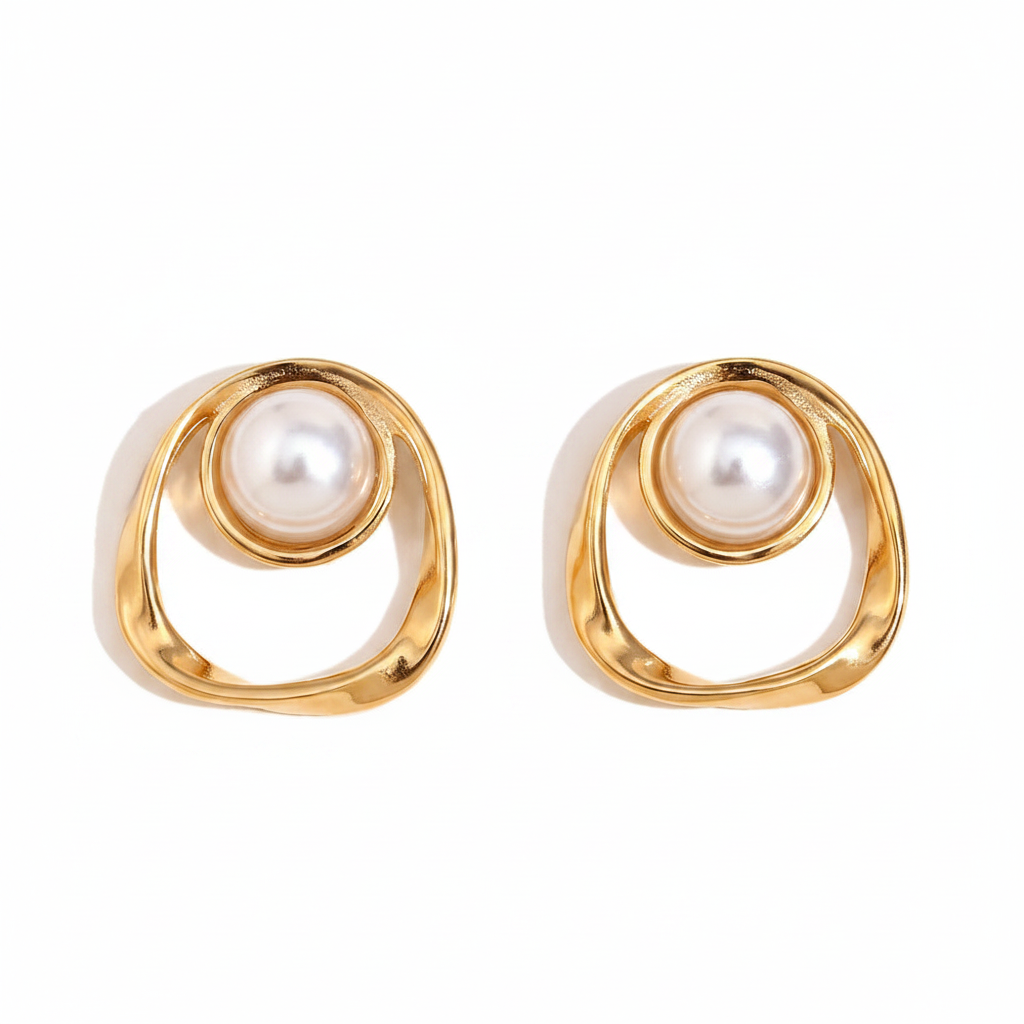 18K Gold Pearl Geometric Stud Earrings