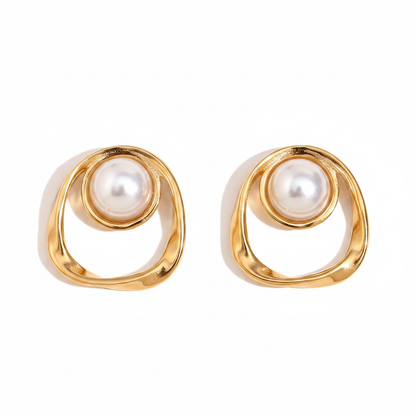 18K Gold Pearl Geometric Stud Earrings