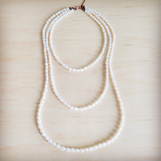 **Genuine Freshwater Pearl Triple Strand Layered Boho Necklace 263r