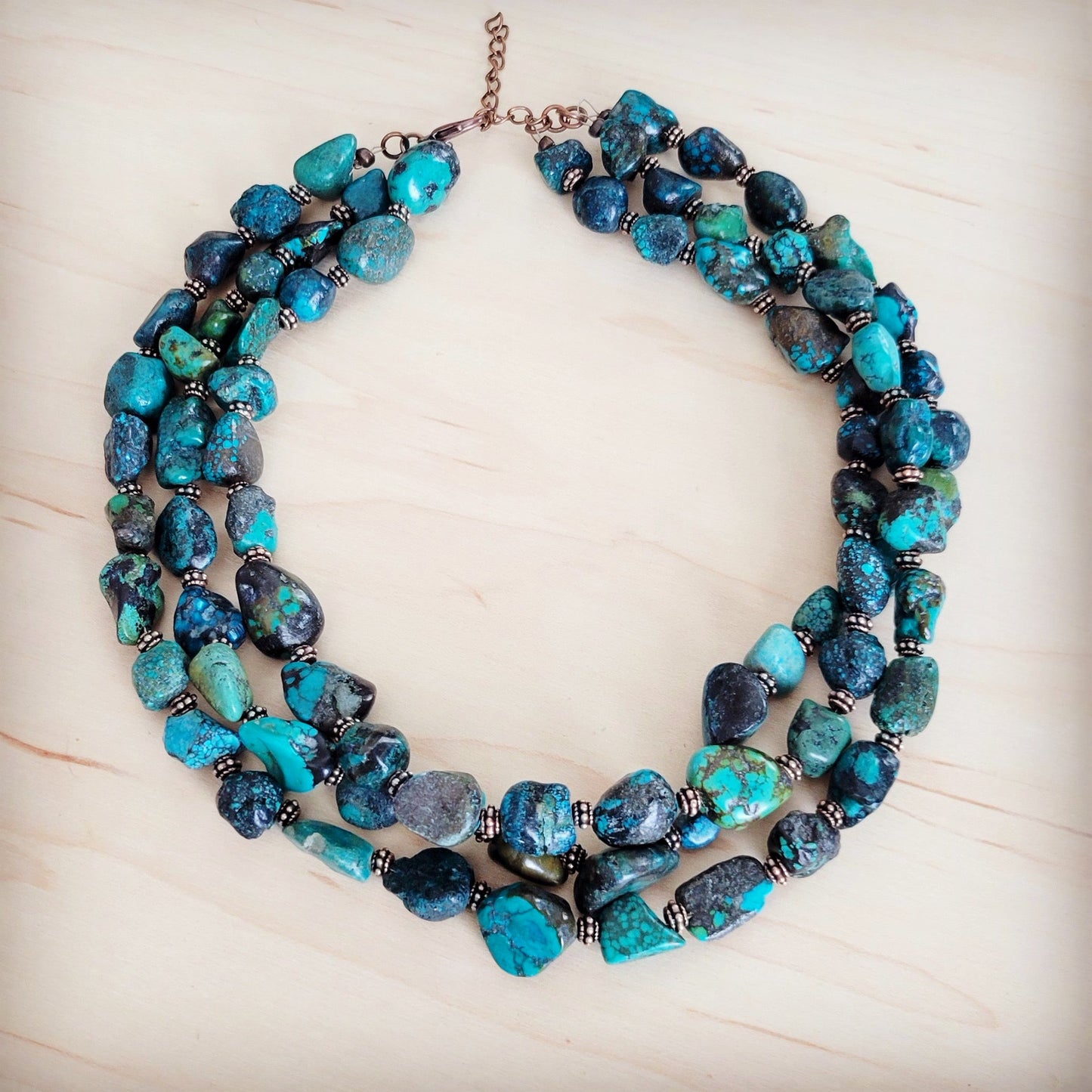 Large Triple Strand Natural Turquoise & Copper Collar Necklace 252y