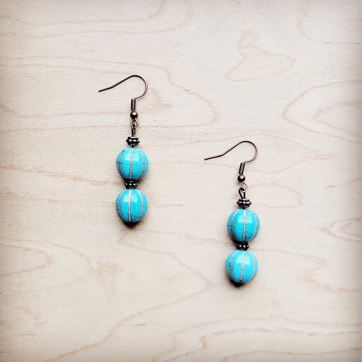 **Blue Turquoise Melon Bead Earrings 220z