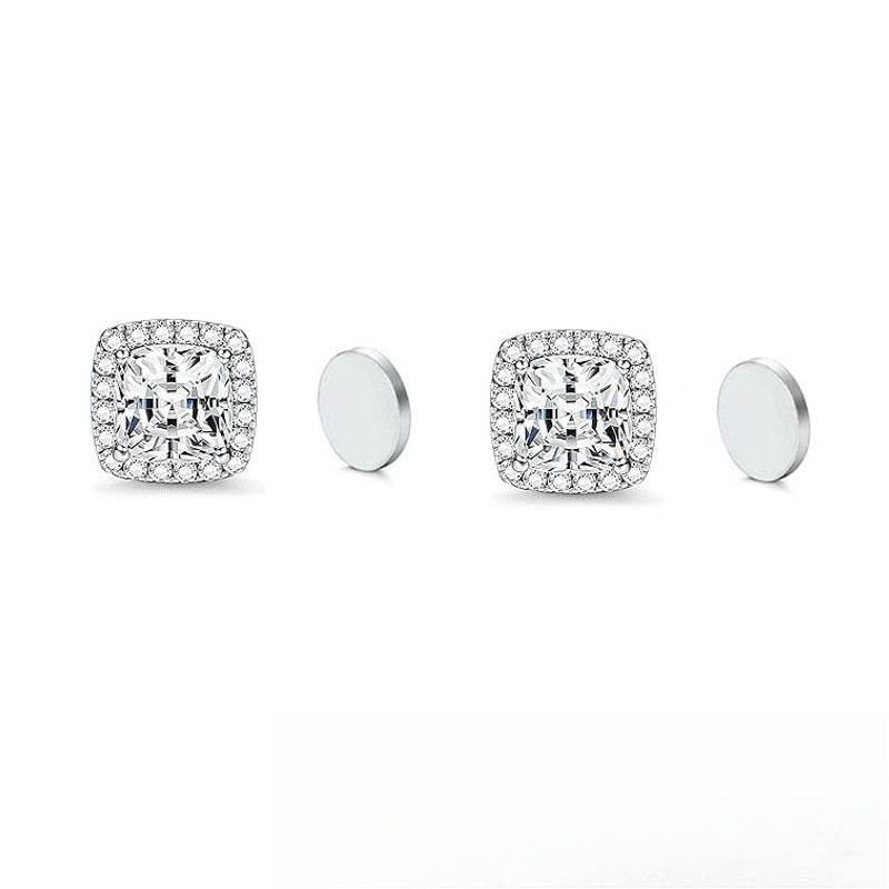 Stainless Steel Magnetic CZ Square Halo Stud Earrings for Men Women, Square Cubic Zirconia Inlaid Magnetic Earrings Non-Piercing Clip On Stud Earring