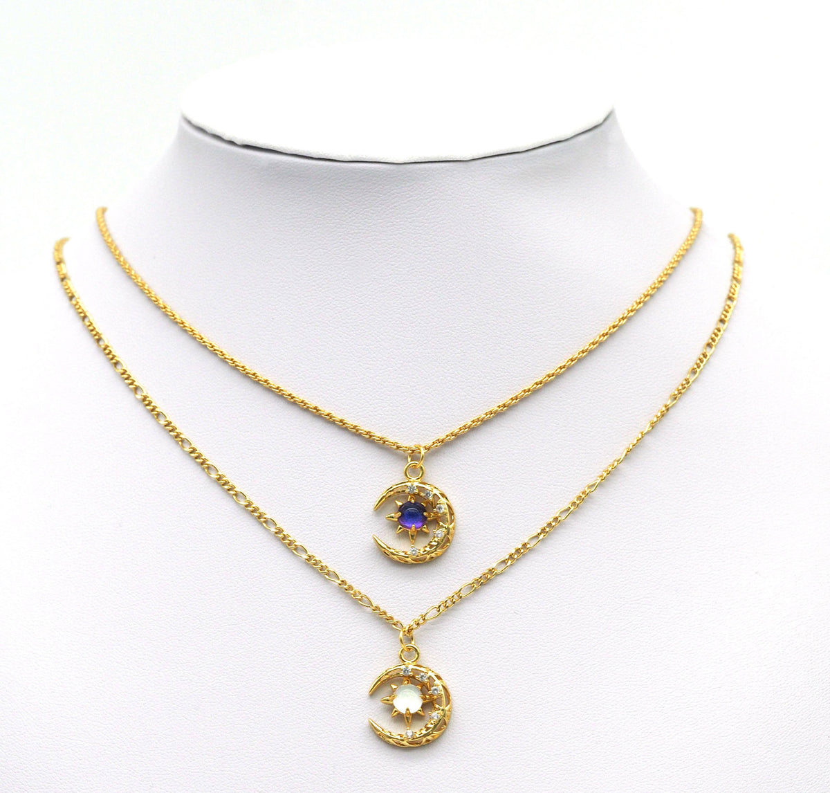 Gold CZ Colorful Star On Cresent Moon Charm, Sku#Y704