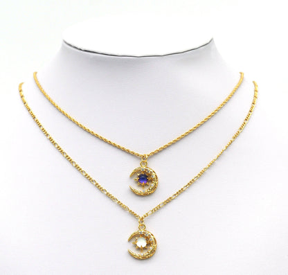 Gold CZ Colorful Star On Cresent Moon Charm, Sku#Y704