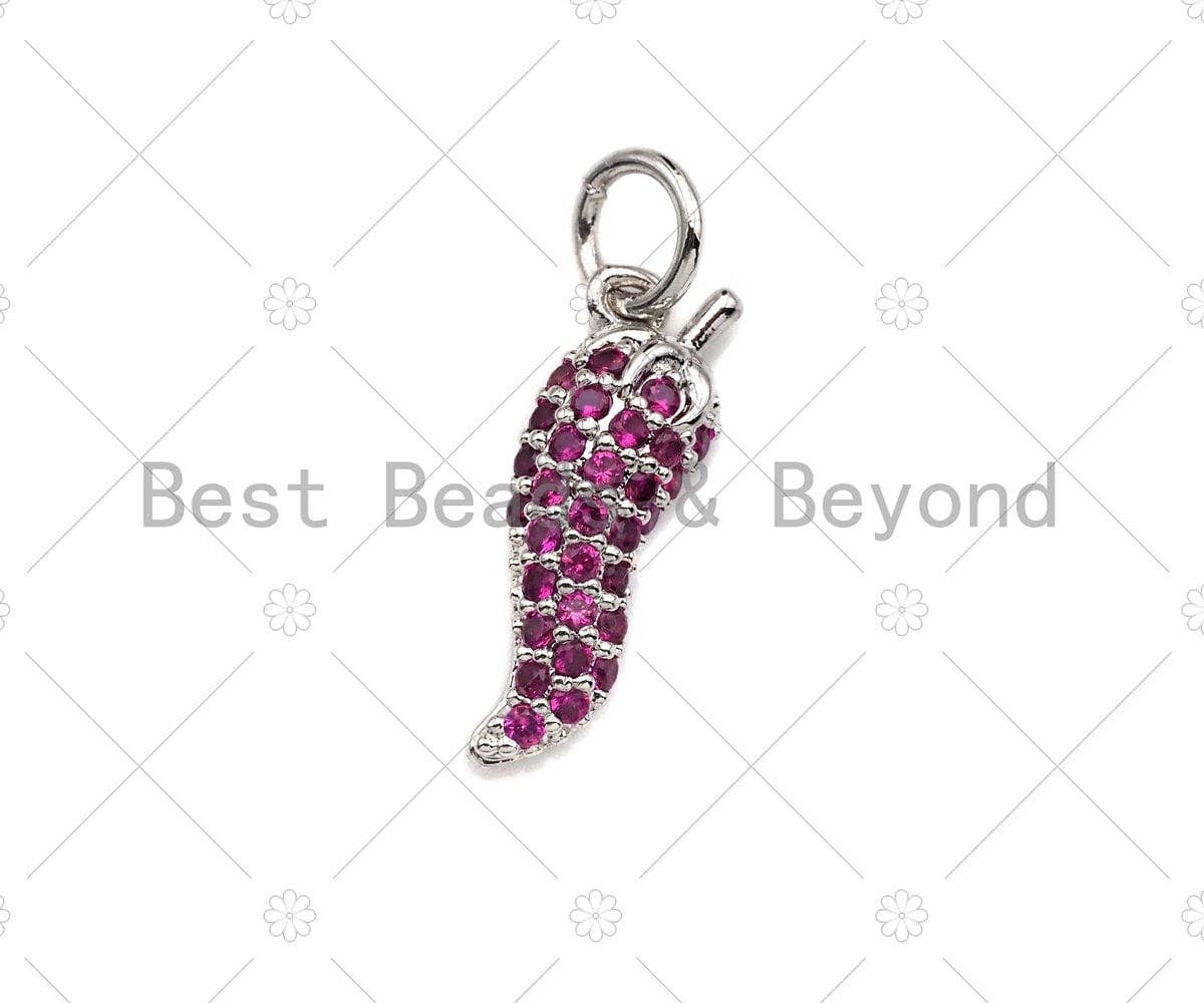 Fuchsia CZ Micro Pave Chili Pepper Shape Pendant/Charm, Pepper Cubic Zirconia Pendant, Silver/Gold/Rose Gold/Black Tone, 6x16mm, Sku#Y283