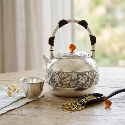 Pure 999 Fine Silver Elegant Hammered Silver Teapot with Intricate Floral Relief and Woven Handle - Handicraft
