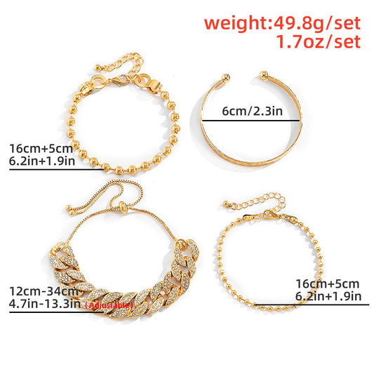 Diamond-studded Cuban Buckle Bracelet Hip-hop Personalized Round Bead Chain Pattern Bracelet Set