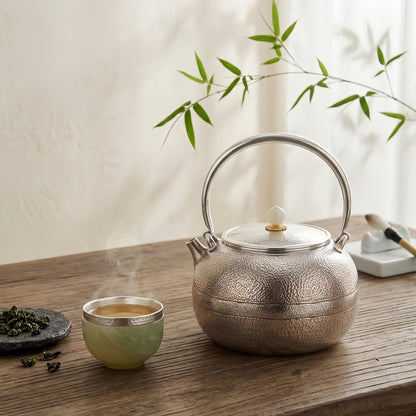 Pure 999 Fine Silver Elegant Handcrafted Hammered Silver Teapot with a Polished White Stone Lid Finial - Handicraft