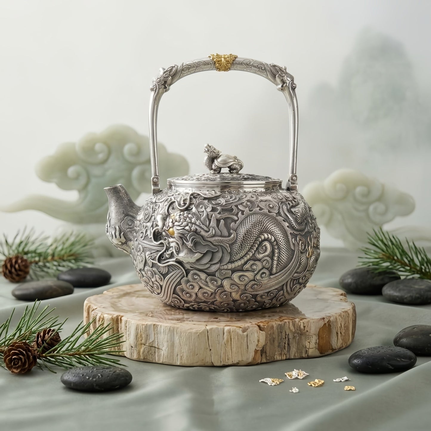 Pure 999 Fine Silver Elaborate Hand-Carved Silver Teapot with Majestic Dragon Motif and Ornate High Handle - Handicraft