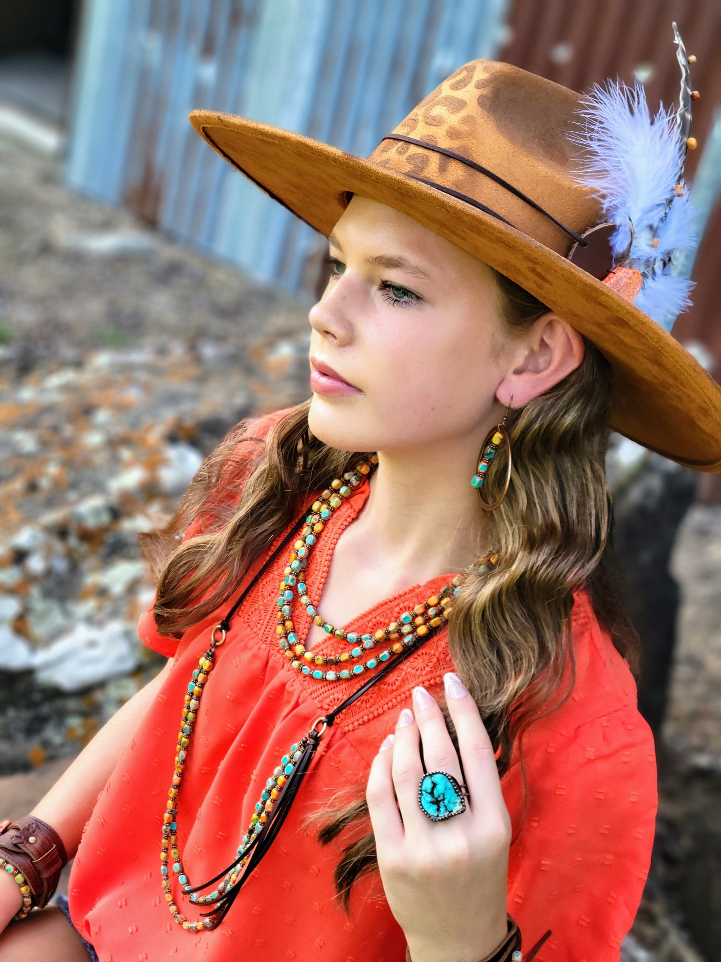 Western Copper Hoop Earrings w/ Sunrise Regalite 100f