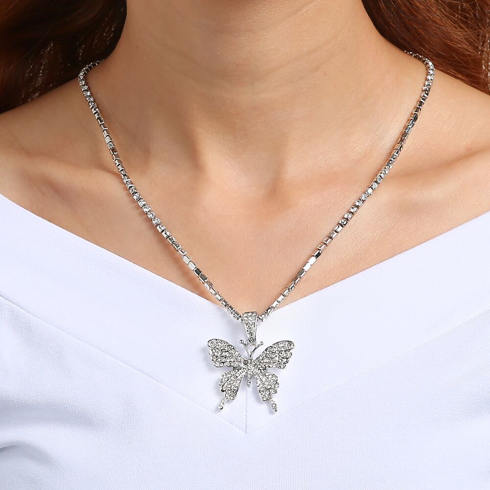 Womens Generous Single Layer Diamond Claw Chain Necklaces Butterfly Korean Style Hausofjb