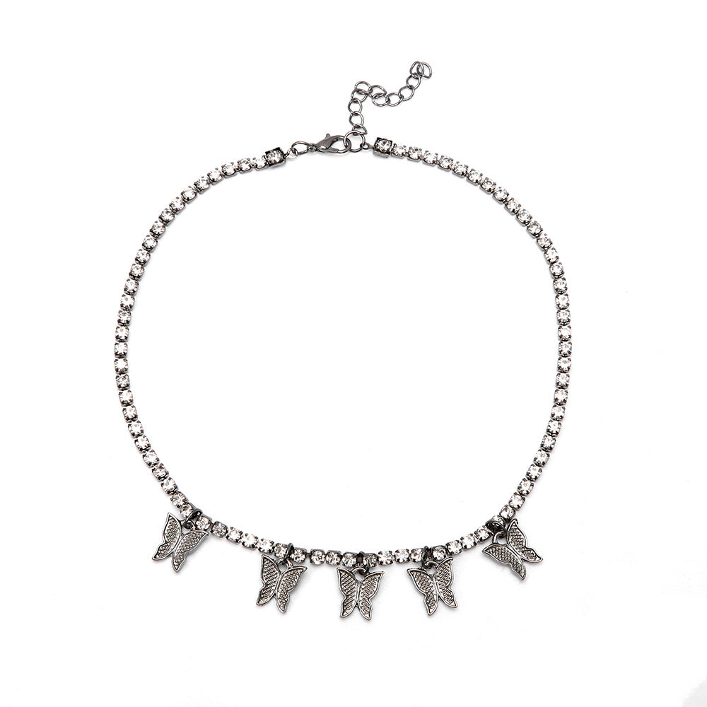 Womens Generous Single Layer Diamond Claw Chain Necklaces Butterfly Korean Style Hausofjb